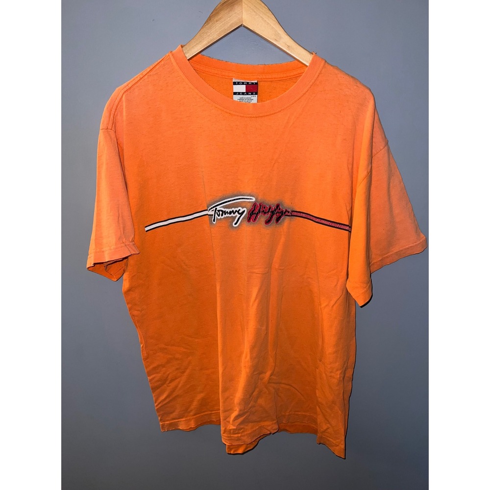 Vintage Tommy Jeans Orange Graphic T-Shirt 90s Distressed Mens Large